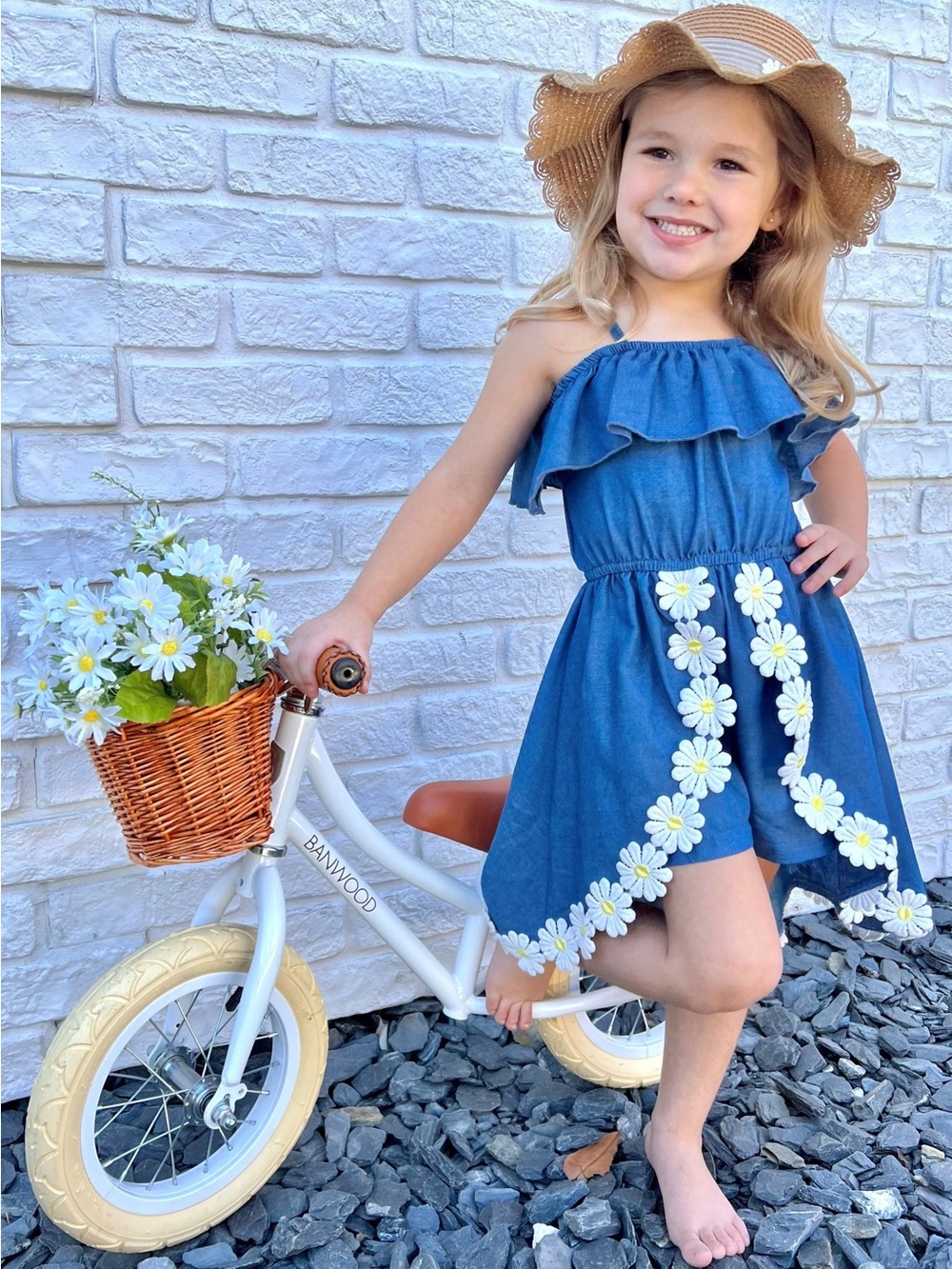 Girls Spring "Make My Daisy" Skirted Chambray Romper Dress